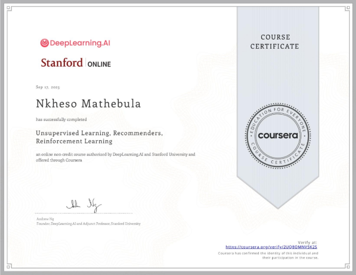 Unsupervised Learning, Recommenders, Reinforcement Learning Certificate Preview